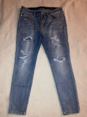 Judy Blue Distressed Straight Leg Jeans - Medium Blue Wash